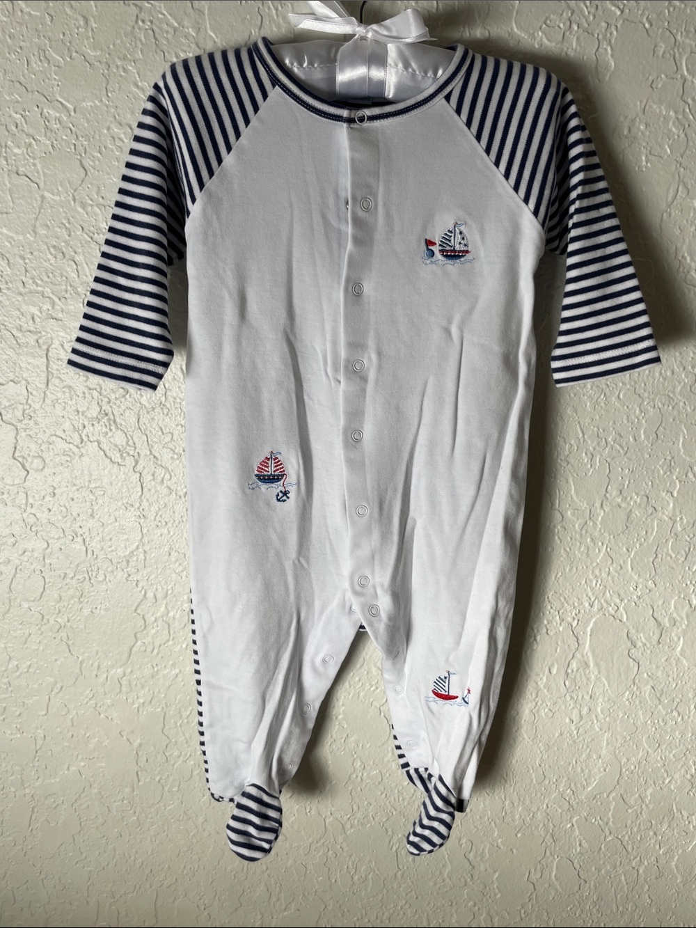 Kissy Kissy Navy & White Striped Sailboat Footed One-Piece